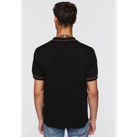 MENS HALF ZIP POLO BLACK AND BROWN SHIRT - Picture 3 of 6